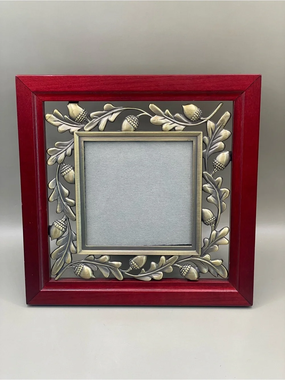 VTG Burnes Of Boston 2 Tone Metal Acorns Wood Easel Back Photo Frame 3.5x3.5”